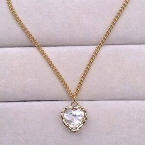 Clear Diamond Crystal + Gold Heart Drop Pendant Necklace